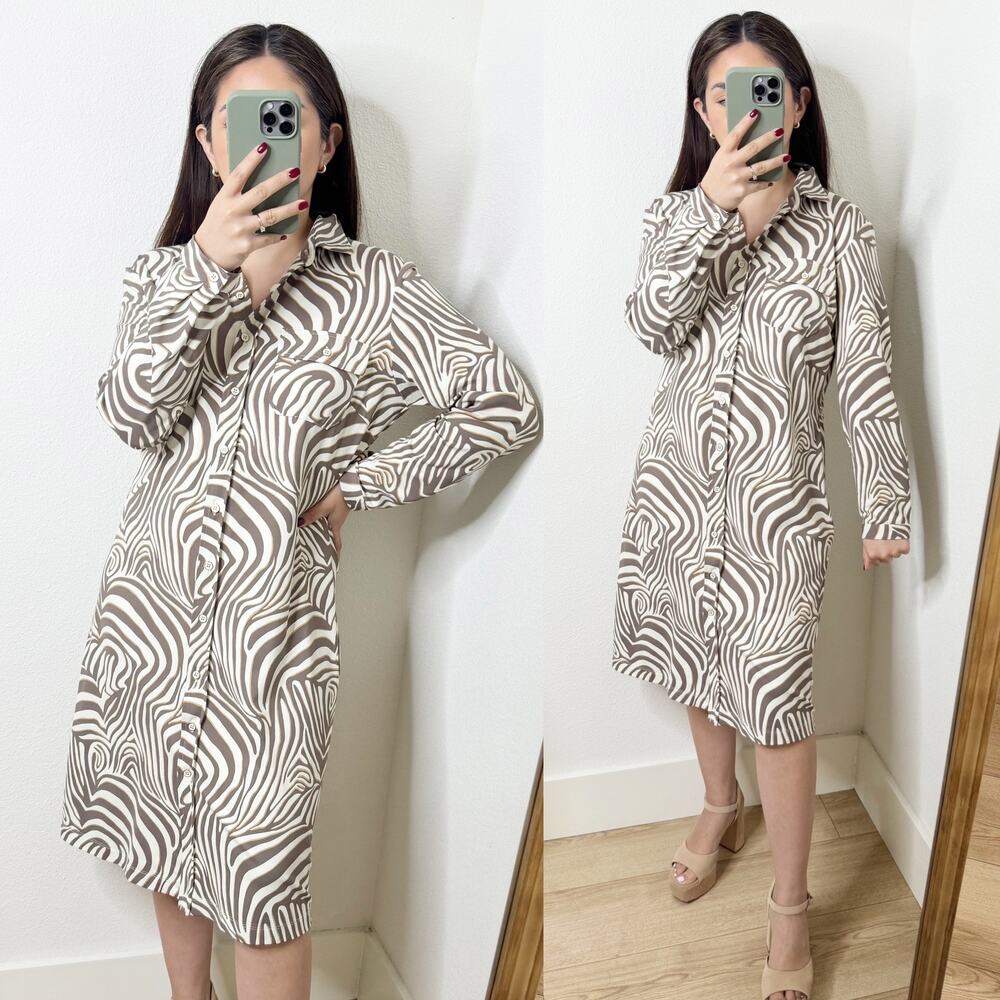 J. McLaughlin Brynn Cream Gray Swirl Zebra Pattern Button Down Knee Length Dress